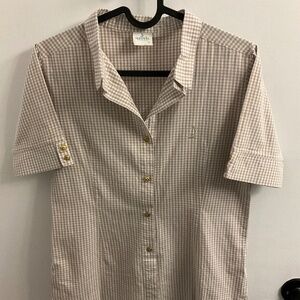 Beige and white gingham pattern button-down shirt with gold buttons, size small
